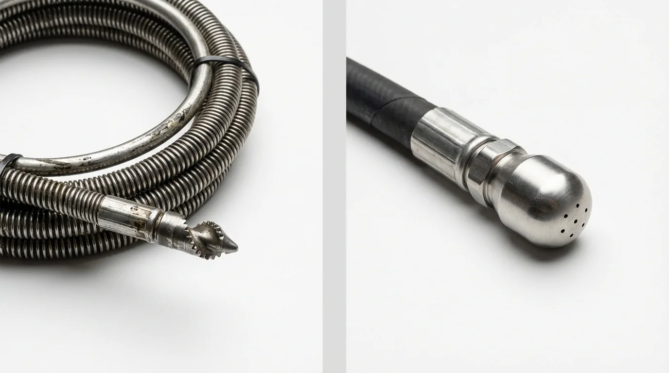 Drain snake cable and hydro jetting nozzle used for drain cleaning in Keene, TX