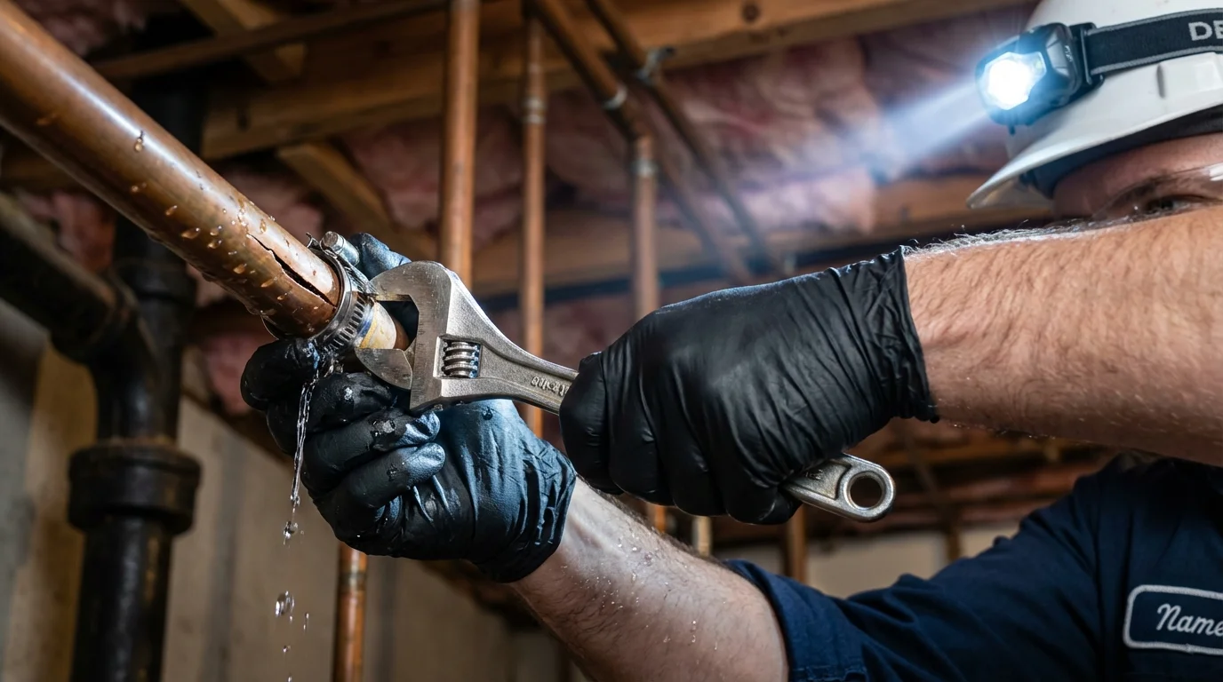 Emergency pipe clamp repair being performed by a Johns Plumbing LLC plumber in Keene