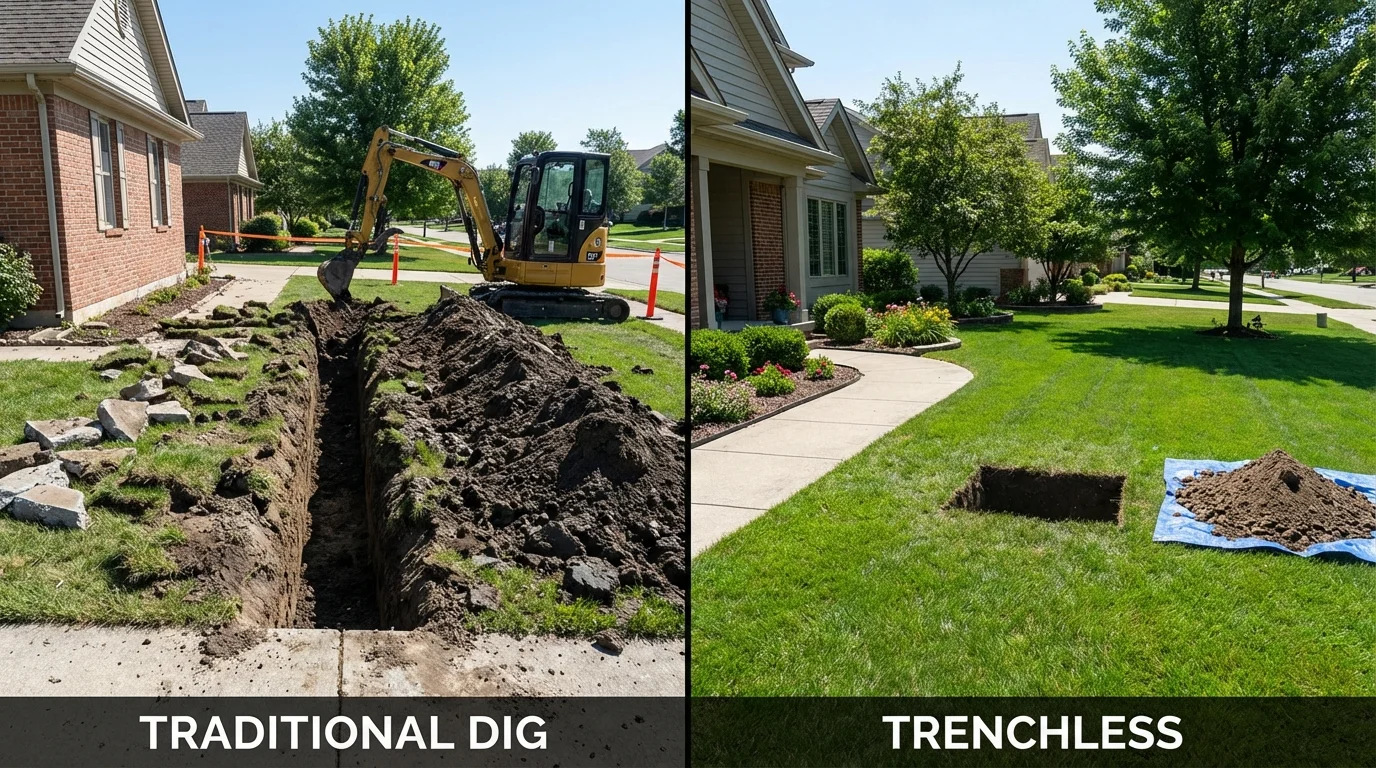 Trenchless sewer repair with minimal yard damage versus traditional excavation in Keene, TX