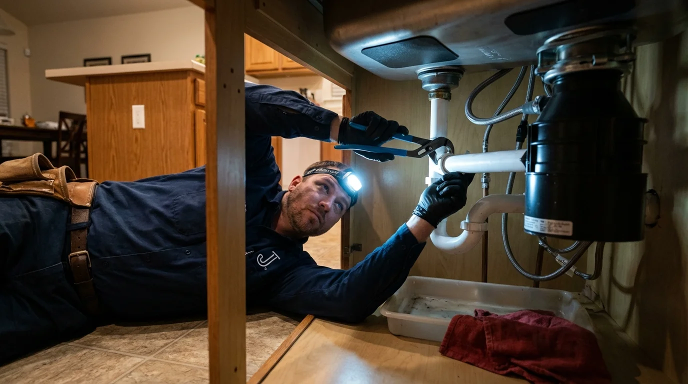 P-trap and supply line connections under a kitchen sink showing a common leak point in Keene, TX
